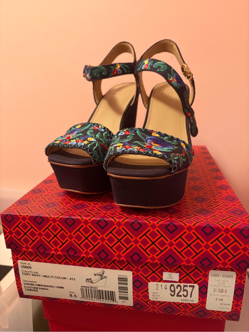 Tory Burch Navy Multi-Color Embroidered Platform Sandals